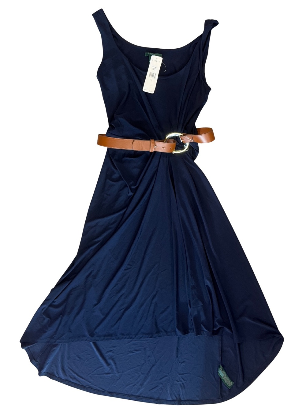 Lauren Ralph Lauren Navy Sleeveless Maxi Hi-Low Dress with Brown Belt